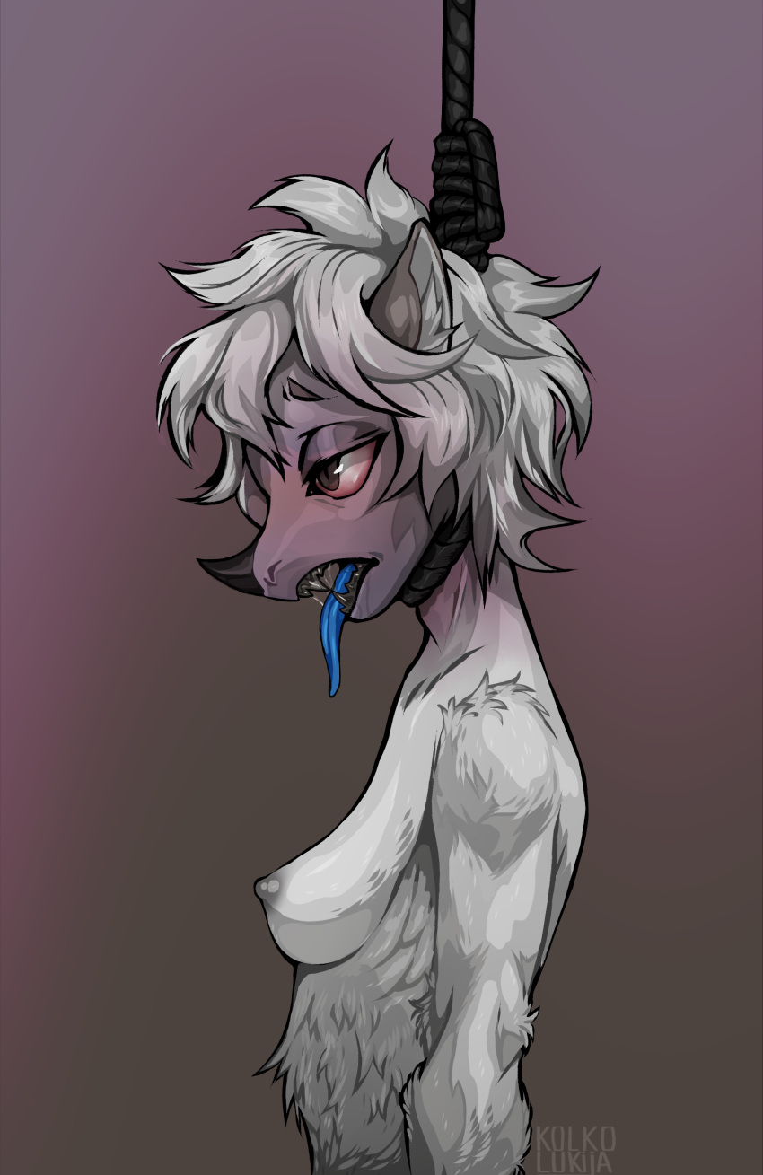 absurd_res anthro asphyxiation blue_tongue breasts female fur gallow hair hang hi_res kolkolukija noose red_eyes small_breasts solo strangling tongue tongue_out unspecified violence white_body white_fur white_hair