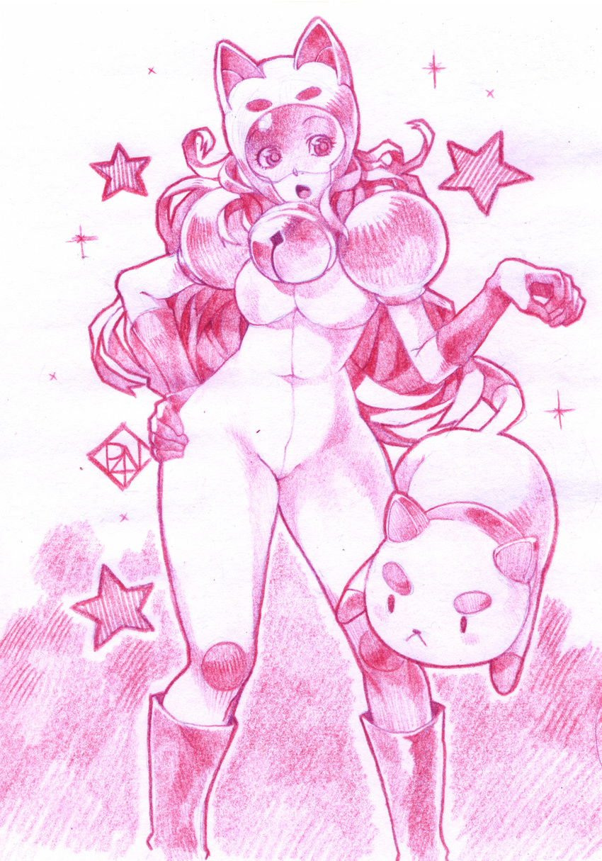 bee_(bee_and_puppycat) bee_and_puppycat bell bodysuit boots cat covered_navel curly_hair hand_on_hip helmet highres long_hair md5_mismatch open_mouth pink poch4n puppycat sketch star