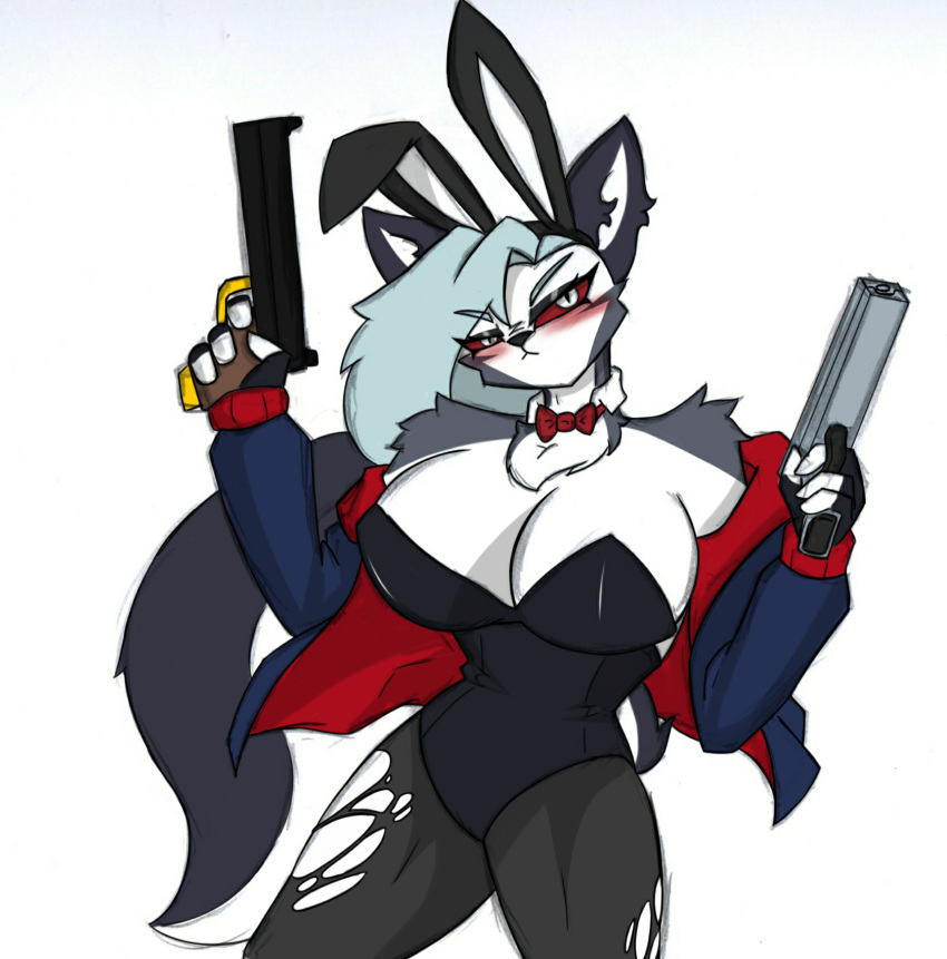 akimbo anthro big_breasts blush breasts female helluva_boss hi_res loona_(helluva_boss) pace-maker playboy playboy_bunny playboy_costume playboy_outfit playboy_suit small_waist solo thick_thighs wide_hips