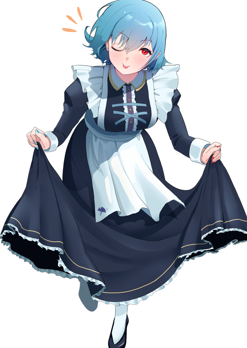 1girl absurdres alternate_costume black_footwear blue_hair breasts commentary_request full_body highres leaning_forward lifted_by_self long_sleeves looking_at_viewer maid red_eyes simple_background solo tatara_kogasa tongue tongue_out touhou urizaku3 white_background