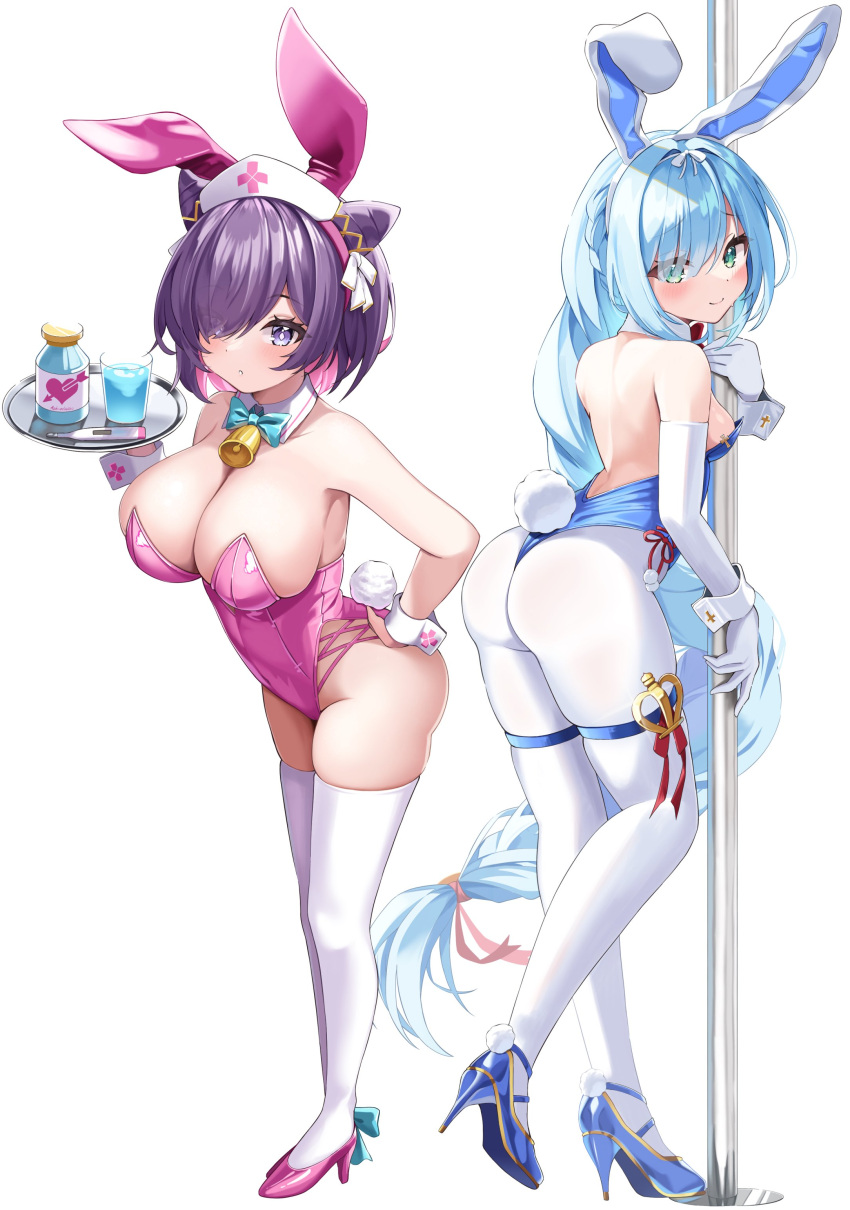 2girls absurdres alternate_costume animal_ears ass azur_lane backless_leotard bare_back bare_shoulders bell blue_footwear blue_leotard bow bowtie breasts cleavage cone_hair_bun detached_collar double_bun elbow_gloves elegant_(sumisumi4268) fake_animal_ears fake_tail full_body gloves green_eyes hair_bun hair_over_one_eye hand_on_own_ass hat high_heels highleg highleg_leotard highres holding holding_tray janus_(azur_lane) jervis_(azur_lane) large_breasts leaning_forward leotard long_hair looking_at_viewer medium_breasts medium_hair multiple_girls neck_bell nurse_cap oppai_loli pantyhose pink_footwear pink_leotard playboy_bunny pole purple_eyes purple_hair rabbit_ears rabbit_tail shoes siblings simple_background sisters stiletto_heels strapless strapless_leotard stripper_pole tail thigh_strap thighhighs tray very_long_hair white_background white_gloves white_pantyhose white_thighhighs wrist_cuffs