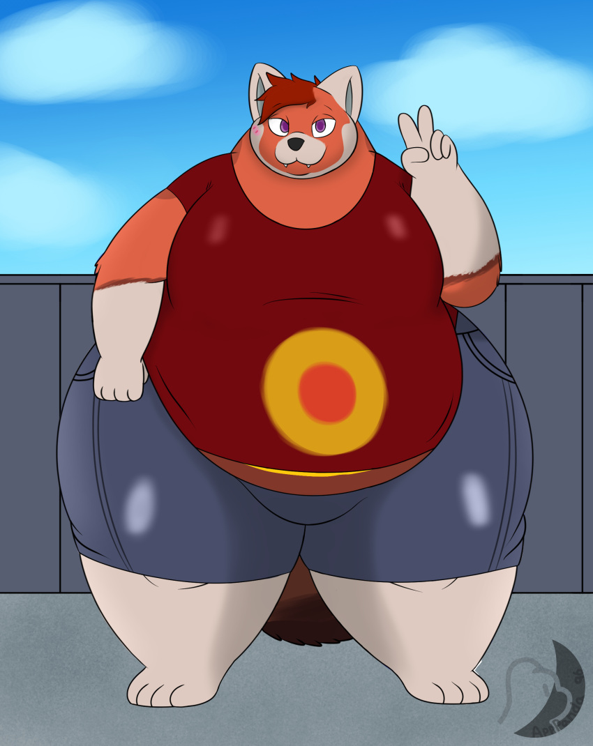 absurd_res ailurid anthro belly bottomwear clothing feet fur hi_res male mammal overweight overweight_male pants purple_eyes red_body red_fur red_panda ring shirt solo t-shirt topwear white_feet white_hands