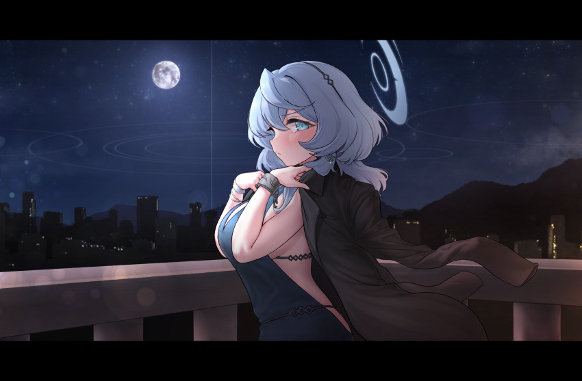 1girl ako_(blue_archive) ako_(dress)_(blue_archive) backless_dress backless_outfit blue_archive blue_dress blue_eyes blue_hair blue_halo blush breasts closed_mouth cuffs dress full_moon greenteamousou halo handcuffs highres large_breasts letterboxed looking_at_viewer moon night night_sky official_alternate_costume outdoors shackles shirt_on_shoulders sideboob sideless_dress single_handcuff sky sleeveless sleeveless_dress solo star_(sky) starry_sky