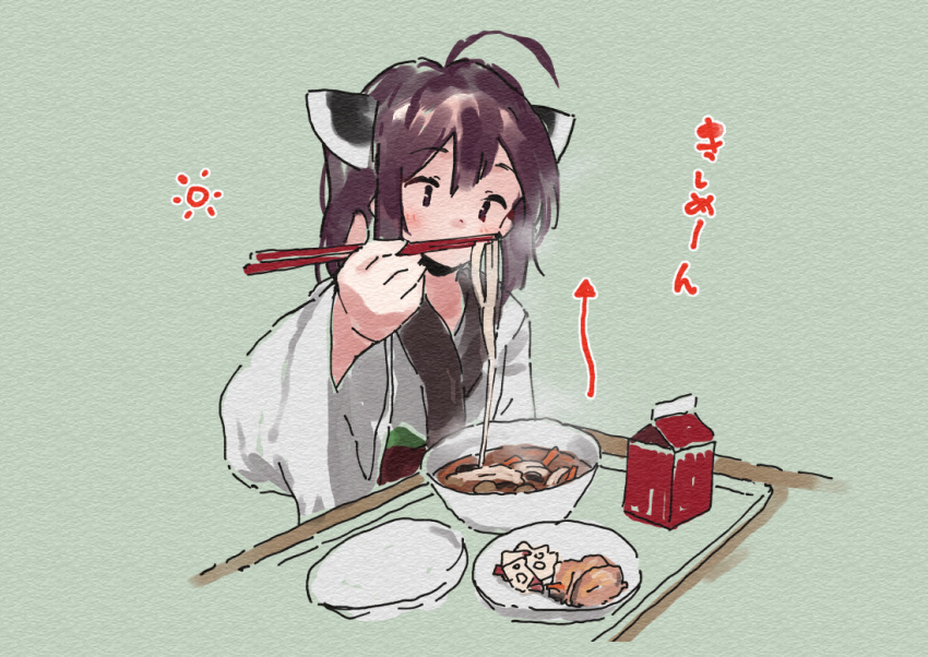 1girl ahoge arrow_(symbol) blush bowl brown_eyes brown_hair chopsticks covered_mouth food food_request green_background headgear holding holding_chopsticks japanese_clothes kimono lamb_(hitsujiniku) long_sleeves noodles obi sash simple_background solo sun_symbol table touhoku_kiritan translation_request tray upper_body voiceroid white_kimono wide_sleeves