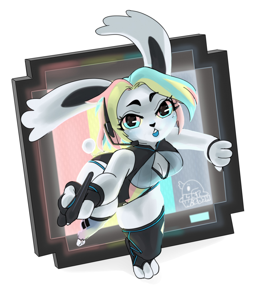 alpha_channel anthro big_ears cleavage_cutout clothing female hi_res lagomorph legwear leporid lostwisdom mammal pastel pen piczel piczelpix pix_(piczel) rabbit screen simple_background solo thigh_highs transparent_background