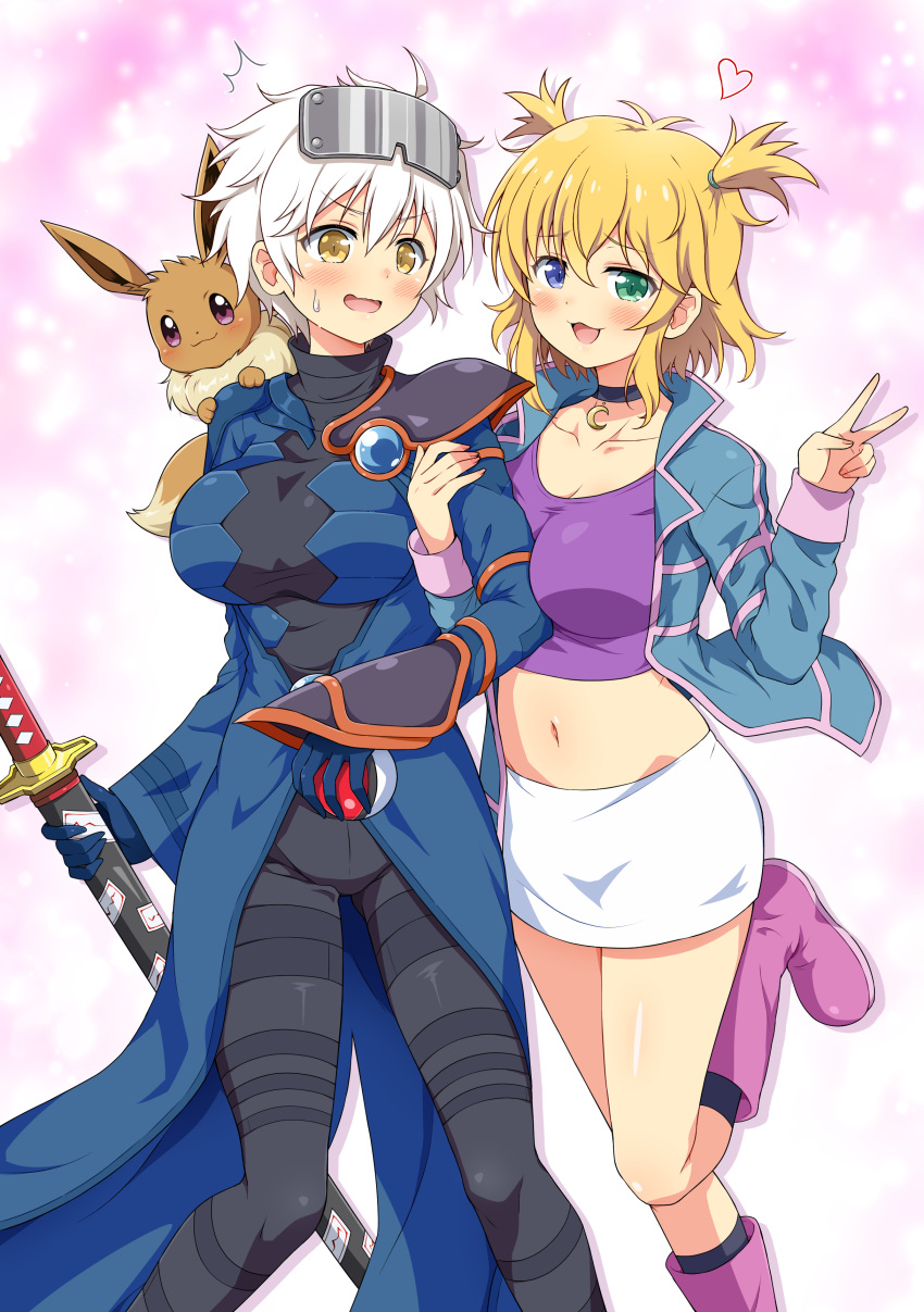 2girls :3 absurdres ahoge black_bodysuit black_socks blonde_hair blue_coat blue_eyes blue_gemstone blue_jacket blush bodysuit boots breasts choker cleavage coat collarbone collared_jumpsuit commission cosplay crescent crossover eevee eevee_ears eevee_tail eggman_(pixiv28975023) embarrassed fluffy forehead_protector gem gloves green_eyes groin heart heterochromia highres holding holding_another's_arm holding_poke_ball holding_sheath holding_sword holding_weapon jacket katana large_breasts long_coat long_sleeves looking_at_viewer midriff miniskirt miyabi_(senran_kagura) multicolored_clothes multicolored_jacket multiple_girls navel ofuda on_shoulder open_mouth pendant_choker pink_background pink_jacket poke_ball poke_ball_(basic) pokemon pokemon_(creature) pokemon_colosseum pokemon_on_shoulder purple_eyes purple_shirt rui_(pokemon) rui_(pokemon)_(cosplay) ryouna_(senran_kagura) scabbard senran_kagura senran_kagura_shinovi_versus sheath sheathed shiny_skin shirt short_hair shoulder_pads single_shoulder_pad skeb_commission skirt slit_pupils smile snag_machine socks standing stomach sweatdrop sword thigh_strap tsuba_(guard) tsuka-ito tsuka_(handle) twintails two-tone_jacket v weapon wes_(pokemon) wes_(pokemon)_(cosplay) white_hair white_skirt yellow_eyes yuri
