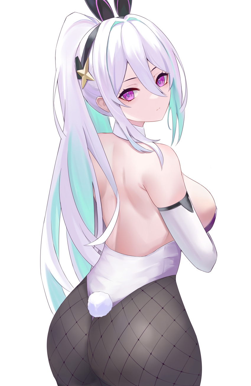 1girl absurdres animal_ears aqua_pupils ass azur_lane back backless_leotard backless_outfit cowboy_shot fake_animal_ears fake_tail fishnet_pantyhose fishnets from_behind hair_between_eyes highres kearsarge_(all_night_charge)_(azur_lane) kearsarge_(azur_lane) leotard looking_at_viewer looking_back multicolored_leotard obniermarbiss pantyhose playboy_bunny ponytail purple_eyes strapless strapless_leotard tail white_background white_hair