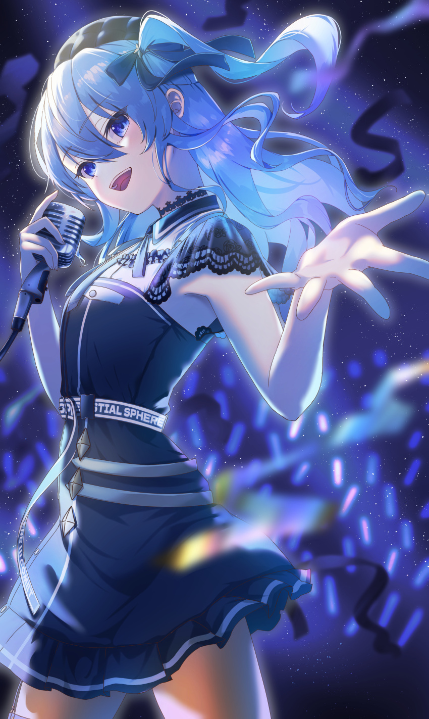 1girl absurdres beret black_choker black_dress black_headwear blue_eyes blue_hair blue_ribbon blurry blurry_foreground choker collared_dress commentary confetti cowboy_shot dress hair_between_eyes hair_ribbon hand_up hat highres holding holding_microphone hololive hoshimachi_suisei hoshimachi_suisei_(streetwear) lace lace_choker lace_sleeves long_hair looking_at_viewer microphone neck_ribbon nisi_ki_no official_alternate_costume official_alternate_hair_length official_alternate_hairstyle one_side_up open_mouth orange_pantyhose outstretched_arm pantyhose quilted_headwear reaching reaching_towards_viewer ribbon short_dress short_sleeves sidelocks sky smile solo stage standing star_(sky) star_(symbol) star_in_eye starry_sky swept_bangs symbol_in_eye virtual_youtuber
