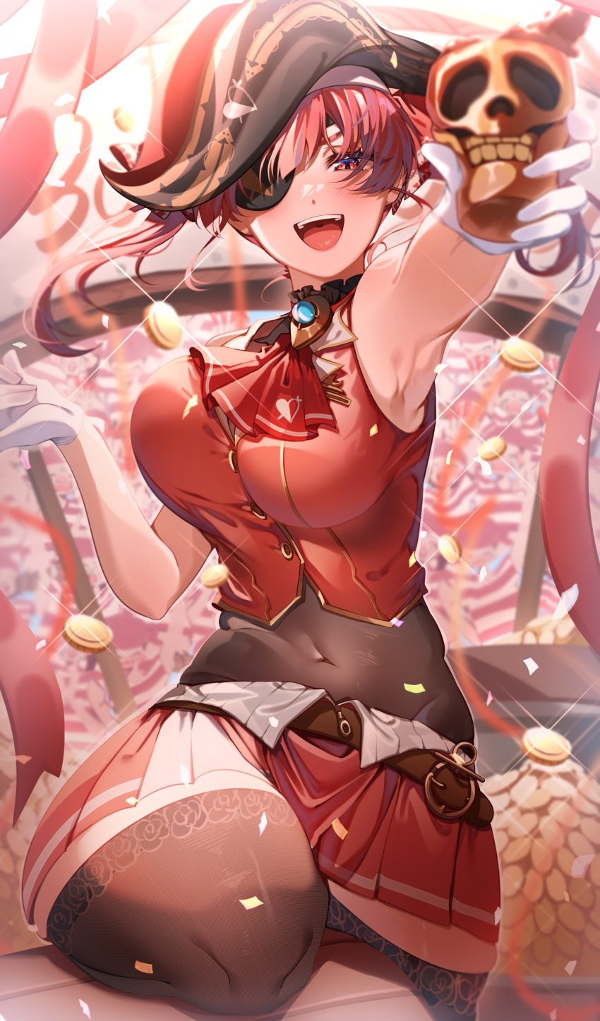 1girl absurdres arm_up armpit_crease ascot bicorne black_thighhighs blush breasts coin commentary_request confetti covered_navel cropped_jacket dokuro-kun_(houshou_marine) eyepatch foreshortening gloves gold_coin happy hat highres hololive houshou_marine houshou_marine_(1st_costume) jacket knee_up large_breasts leotard leotard_under_clothes long_hair looking_at_viewer pirate_hat pleated_skirt red_ascot red_eyes red_hair red_jacket red_skirt skirt sleeveless sleeveless_jacket solo sparkle teeth thighhighs twintails upper_teeth_only virtual_youtuber white_gloves yuka_(mprw2324)