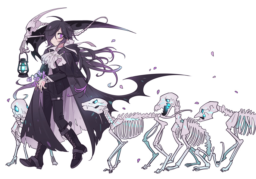 1boy absurdres androgynous animal_skeleton ascot black_cape black_footwear black_hair black_pants blue_eyes boots cape flower full_body glowing glowing_eye highres holding holding_flower holding_lantern holding_scythe knee_boots lantern long_hair long_sleeves looking_back low_ponytail male_focus meremero original pants petals purple_eyes purple_flower scratches scythe solo thigh_strap torn_cape torn_clothes undead very_long_hair walking white_ascot white_background