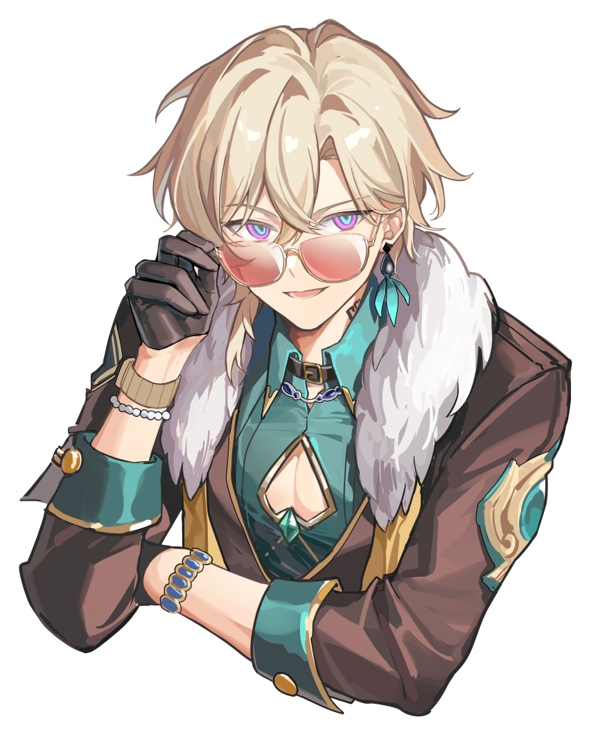 1boy absurdres aqua_shirt aventurine_(honkai:_star_rail) black_gloves blonde_hair bracelet clothing_cutout earrings fur_trim glasses gloves hair_between_eyes highres honkai:_star_rail honkai_(series) jewelry long_sleeves looking_at_viewer male_focus pectoral_cleavage pectorals ris_rakugaki shirt short_hair solo white_background