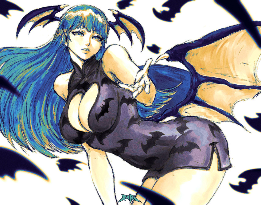 1girl animal_print bare_shoulders bat_(animal) bat_print blunt_bangs breasts cleavage cleavage_cutout clothing_cutout commission cowboy_shot dress head_wings highres large_breasts long_hair morrigan_aensland print_dress purple_dress simple_background sleeveless sleeveless_dress solo spunkyramaz thighs vampire_(game) white_background wings