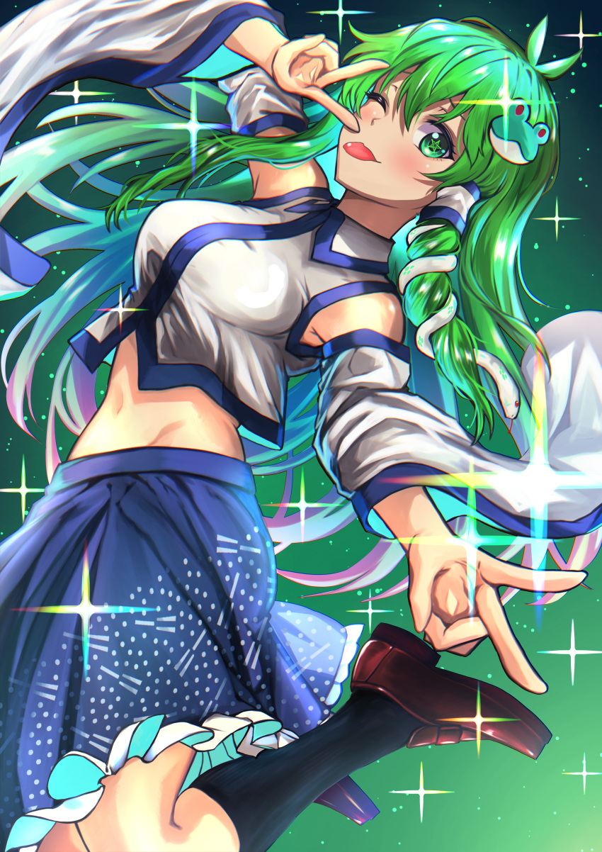 1girl absurdres antenna_hair aqua_hair black_socks blue_skirt breasts brown_footwear detached_sleeves frilled_skirt frills frog_hair_ornament gradient_background green_background green_eyes green_hair hair_ornament highres jumping key_visual kochiya_sanae long_hair looking_at_viewer midriff nontraditional_miko official_art one_eye_closed print_skirt promotional_art sen_(daydream_53) skirt smile socks solo star-shaped_pupils star_(symbol) symbol-shaped_pupils tongue tongue_out touhou v white_sleeves wide_sleeves