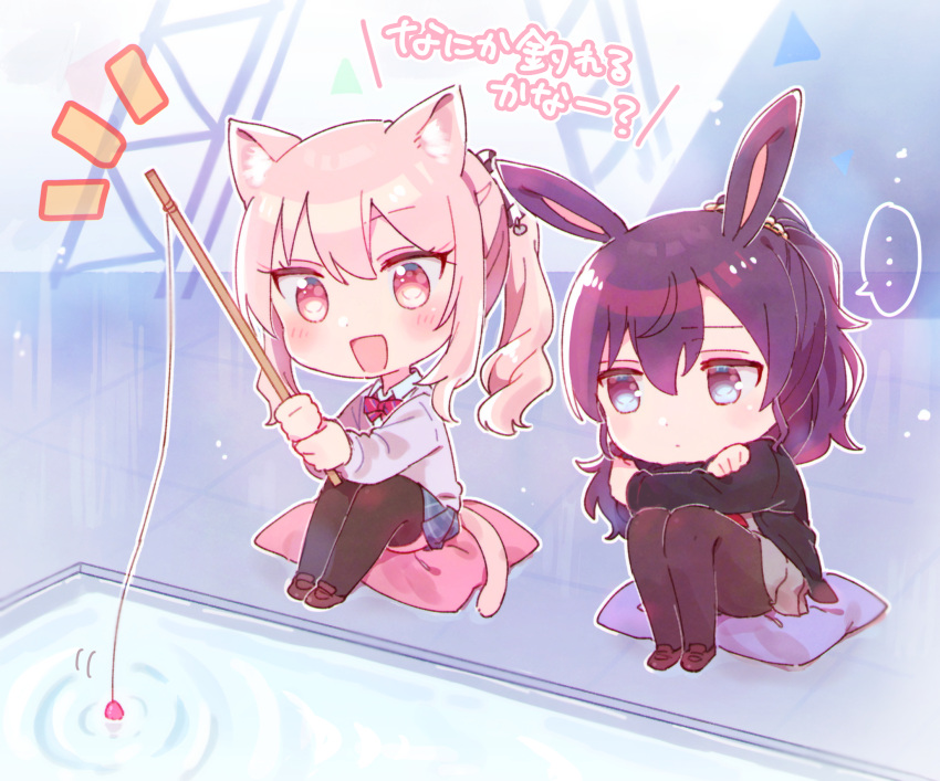 ... 1girl 1other :d akiyama_mizuki animal_ears asahina_mafuyu black_jacket black_pantyhose black_thighhighs blue_shirt blue_skirt blush brown_footwear cat_ears cat_girl cat_tail chibi closed_mouth collared_shirt fishing_line fishing_lure fishing_rod grey_shirt grey_skirt grey_sweater hair_over_shoulder highres holding holding_fishing_rod jacket kemonomimi_mode knees_up loafers long_hair notice_lines pantyhose pink_hair plaid plaid_skirt pleated_skirt ponytail project_sekai purple_eyes purple_hair rabbit_ears red_eyes school_uniform shirt shoes sitting skirt smile sorimachi-doufu spoken_ellipsis sweater tail thighhighs translation_request