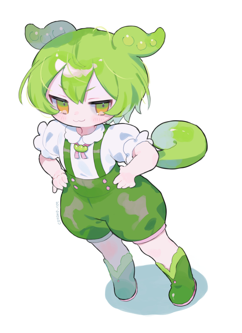 1girl :3 animal_ears blush cotono_(nazekun) green_eyes green_footwear green_hair green_shorts green_suspenders hair_between_eyes hands_on_own_hips highres long_hair low_ponytail multicolored_eyes orange_eyes puffy_short_sleeves puffy_sleeves shadow shirt short_hair short_sleeves shorts simple_background smile solo suspender_shorts suspenders voicevox white_background white_shirt zundamon