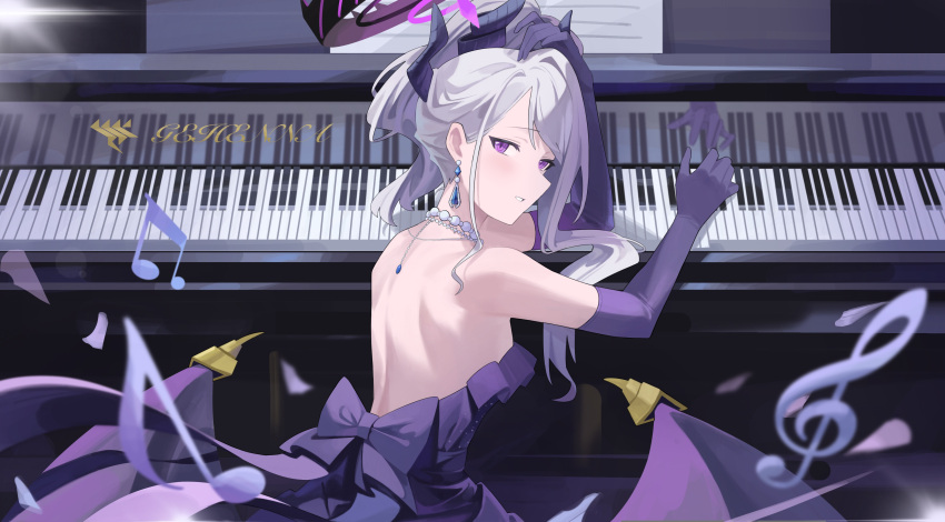 1girl absurdres bare_shoulders blue_archive blush breasts dress earrings elbow_gloves fromgod_jungle gloves hair_ribbon halo highres hina_(blue_archive) hina_(dress)_(blue_archive) horns instrument jewelry looking_at_viewer looking_back medium_hair multiple_horns necklace piano purple_dress purple_eyes purple_gloves ribbon small_breasts solo swept_bangs white_hair wings