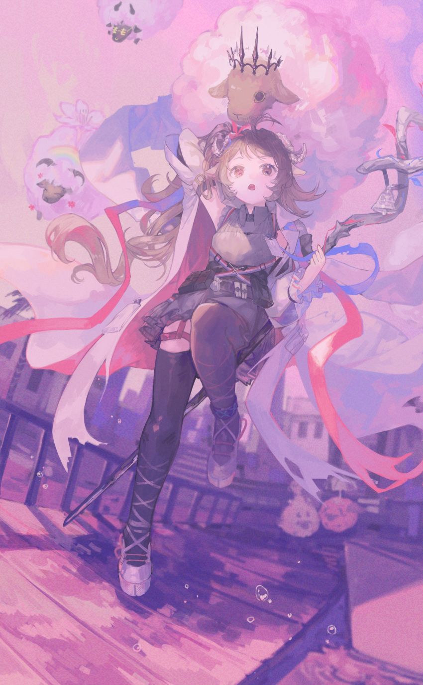 1girl :o absurdres animal_ears arknights black_thighhighs brown_hair commentary_request dress dutch_angle eyjafjalla_(arknights) eyjafjalla_the_hvit_aska_(arknights) grey_dress highres holding holding_staff horns long_hair looking_at_viewer miike_(992058) open_mouth pink_eyes railing sheep shoes short_dress solo staff standing standing_on_one_leg thighhighs very_long_hair