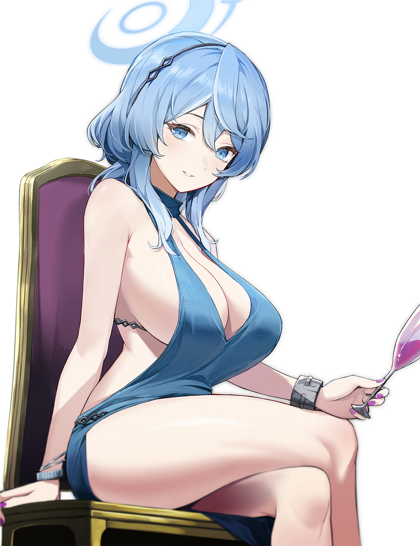 1girl ako_(blue_archive) ako_(dress)_(blue_archive) blue_archive blue_dress blue_eyes blue_hair bracelet breasts chair crossed_legs cup dress drinking_glass halo highres holding holding_cup hyury jewelry large_breasts looking_at_viewer purple_nails sideboob sitting solo thighs wine_glass