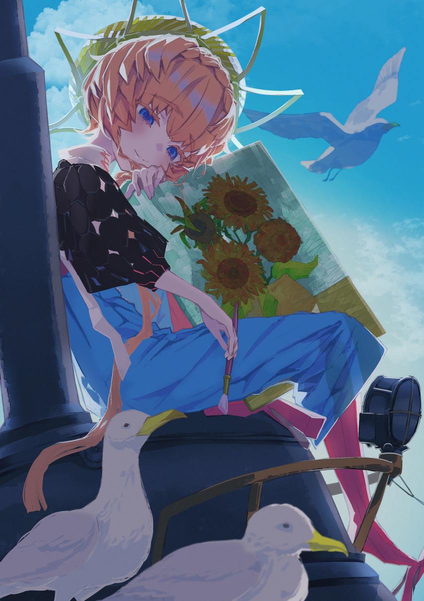 1girl absurdres bird blue_eyes blue_overalls blue_sky blush braid breasts crown_braid e_ixion fate/grand_order fate_(series) hat highres overalls painting_(object) seagull side_braid sitting sky smile solo straw_hat van_gogh_(fate)