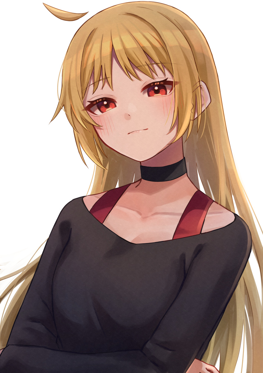 1girl absurdres ahoge black_choker black_shirt blonde_hair blush bocchi_the_rock! breasts choker closed_mouth collarbone commentary crossed_arms highres ijichi_seika light_smile long_hair long_sleeves medium_breasts red_eyes shirt simple_background solo upper_body white_background yozakurayuyu