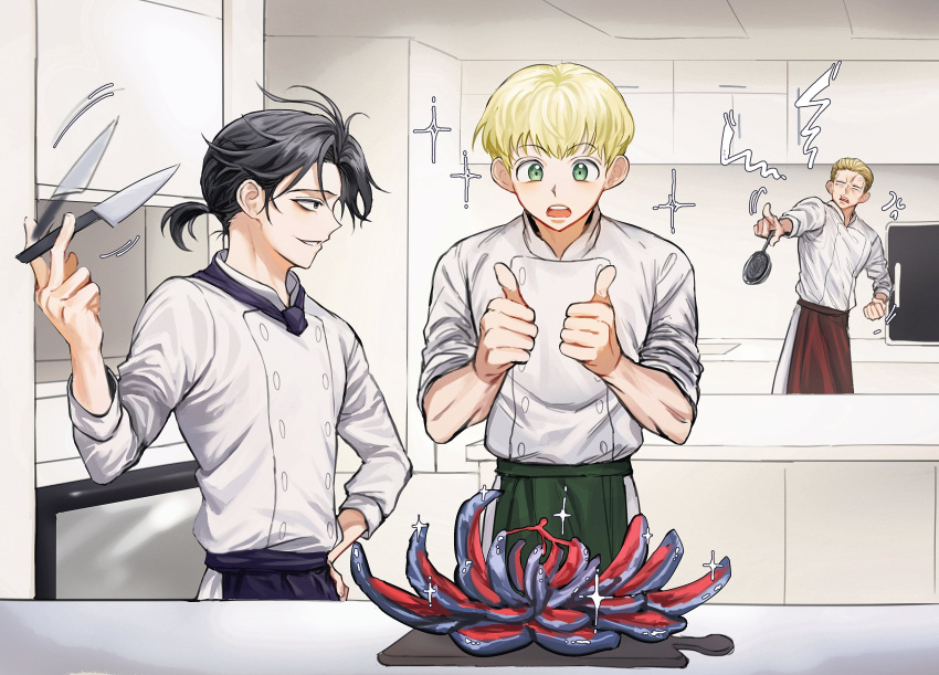 3boys absurdres afterimage alternate_costume angry apron black_apron black_hair black_neckerchief blonde_hair chef clenched_hand counter crernebrulee cutting_board double_thumbs_up feitan_portor food green_eyes hair_slicked_back hand_on_own_hip hand_up hands_up highres hunter_x_hunter indoors kitchen kitchen_knife knife long_sleeves looking_at_another male_focus multiple_boys neckerchief open_mouth outstretched_arm phinks_magcub pointing ponytail profile red_apron scolding shalnark short_hair sleeves_rolled_up smug sparkle spinning_weapon thumbs_up uniform waist_apron