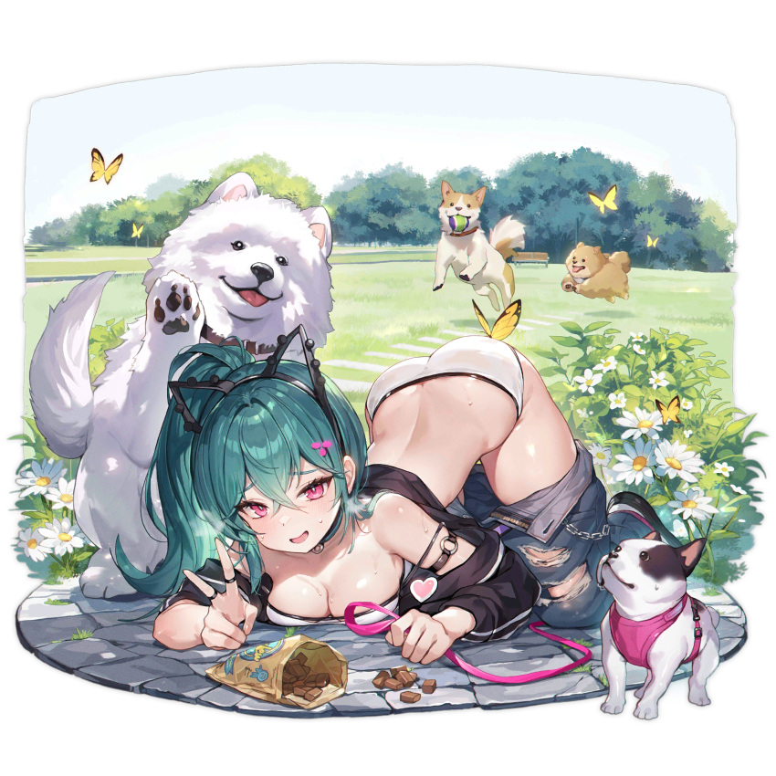 1girl all_fours animal_ear_hairband animal_ears animal_hands aqua_hair ass bag ball bare_shoulders belt bench black_choker black_jacket blush breasts brown_dog bug butterfly butterfly_on_ass chain choker cleavage clothes_pull collarbone crossed_bangs day denim dog dog_ears dog_request fake_animal_ears flower foliage forced_smile full_body girls'_frontline grass hair_between_eyes hair_ornament hairband hairclip heart heavy_breathing highres holding holding_leash jacket jeans jumping leash long_hair looking_at_viewer m327_(cutie_trainer)_(girls'_frontline) m327_(girls'_frontline) medium_breasts o-ring_arm_strap off_shoulder official_alternate_costume official_art open_clothes open_jacket open_mouth outdoors panties pants pants_pull park path pet_food ponytail purple_belt red_eyes shoes sneakers solo stone_floor strapless striped_clothes striped_jacket sweat tennis_ball third-party_source tongue tongue_out torn_clothes torn_jeans torn_pants transparent_background tree tube_top underwear v vertical-striped_clothes vertical-striped_jacket waving white_dog white_flower white_footwear white_panties white_tube_top whoisshe yellow_butterfly