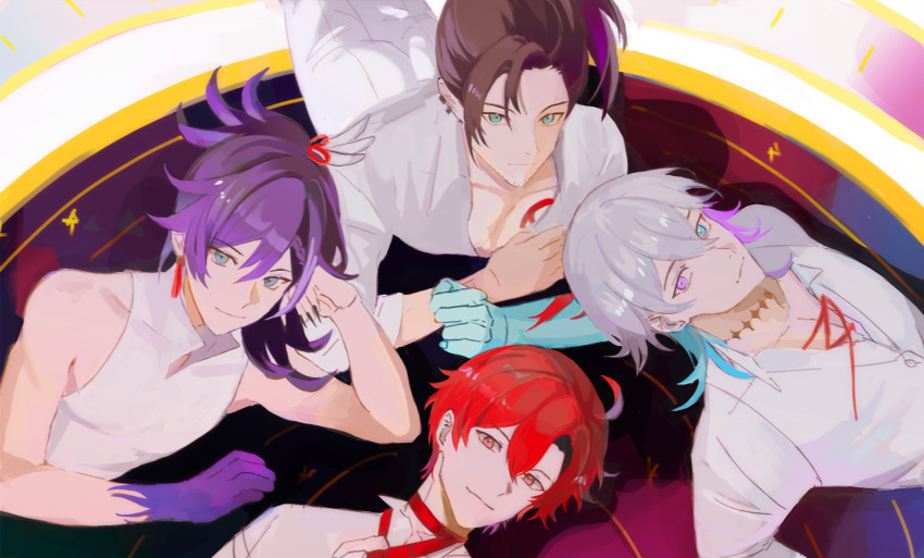4boys ahoge alternate_costume banzoin_hakka bare_shoulders black_hair blue_eyes blue_skin closed_mouth colored_skin diamond_choker earrings english_commentary facial_hair from_above gavis_bettel green_eyes grey_hair hair_between_eyes happy_anniversary heterochromia high_ponytail highres holostars holostars_english holotempus jewelry josuiji_shinri lau_135 long_hair looking_at_viewer lying machina_x_flayon male_focus multicolored_hair multiple_boys on_back on_side on_stomach open_clothes open_shirt pectorals pink_eyes pink_hair purple_hair purple_skin red_eyes red_hair red_ribbon ribbon shadow shirt short_hair smile stubble upper_body virtual_youtuber white_shirt