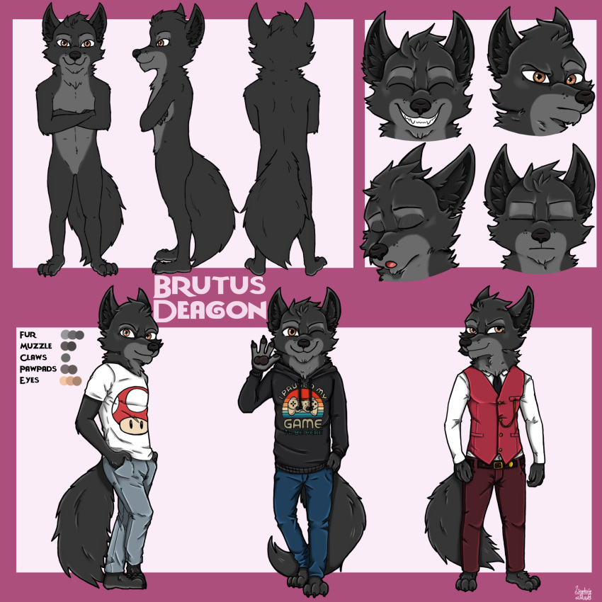 anthro black_body black_clothing black_fur black_hoodie black_topwear bottomwear brown_eyes brutus_deagon_(brutusdeagon) canid canine canis character_name clothing english_text fungus fur graphic_tee grey_body grey_fur hi_res hoodie looking_at_viewer male mammal mario_bros model_sheet mushroom nintendo pants shirt signature smile solo t-shirt text text_on_clothing text_on_hoodie text_on_topwear topwear white_clothing white_shirt white_topwear wolf ziegelzeig