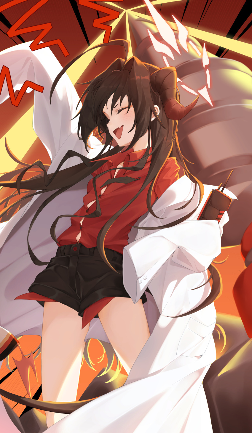 1girl :d ^_^ absurdres arm_up black_hair black_horns black_shorts blue_archive blush button_gap closed_eyes collared_shirt commentary fang halo highres horns kasumi_(blue_archive) lab_coat long_hair red_halo red_shirt shirt shorts skin_fang smile standing tail thighs walkie-talkie yn_6262