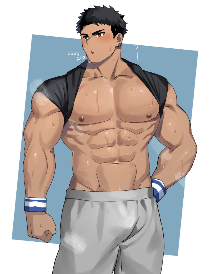 1boy abs bara bare_pectorals biceps black_hair black_shirt blush brown_eyes clenched_hand earrings grey_pants groin highres jewelry looking_to_the_side male_focus muscular muscular_male nipples original pants pectorals rio_mukiniki shirt short_hair simple_background sweat sweatpants thick_eyebrows wristband