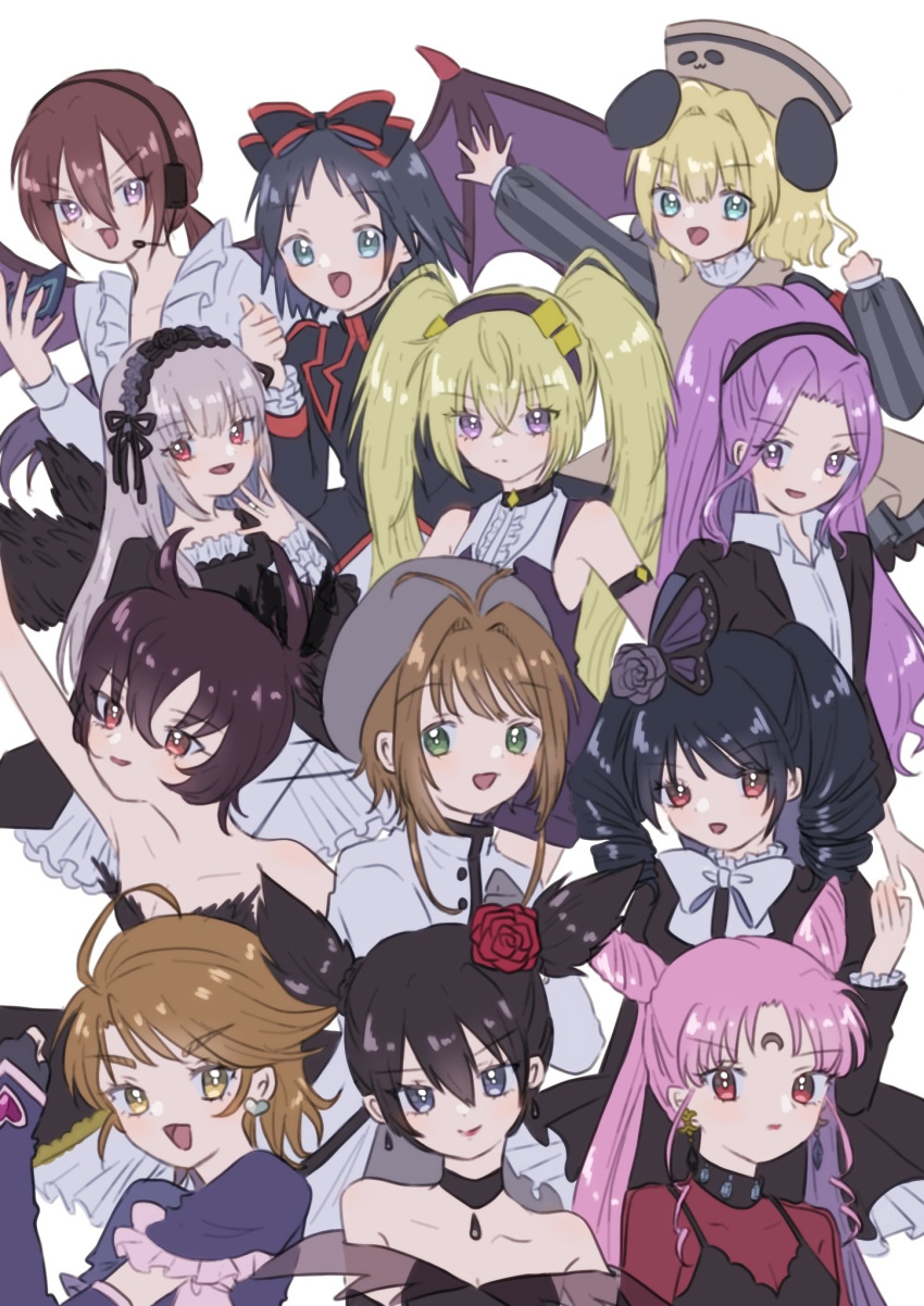 6+girls animal_ears antenna_hair aqua_eyes atat_karubi bare_shoulders beret bishoujo_senshi_sailor_moon black_lady blonde_hair bow bowtie brown_eyes brown_hair butterfly_hair_ornament cardcaptor_sakura character_request collarbone color_connection commentary copyright_request crescent crescent_facial_mark crossover cure_black dark_jewel detached_sleeves di_gi_charat double_bun dress drill_hair earrings english_commentary facial_mark flower frills futari_wa_precure genre_connection green_eyes hair_bun hair_flower hair_ornament hairband hat heart heart_earrings highres hoshina_utau jewelry kamichama_karin karasuma_rika kinomoto_sakura long_hair looking_at_viewer magical_girl misumi_nagisa multiple_crossover multiple_girls open_mouth panda_ears pink_hair piyoko precure princess_kraehe princess_tutu purple_eyes purple_hairband red_eyes rue_(princess_tutu) short_hair shugo_chara! striped_clothes striped_dress twin_drills twintails upper_body white_bow white_bowtie