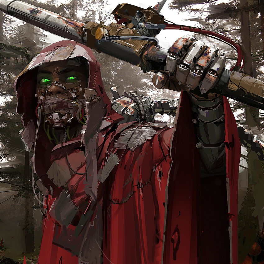 1boy absurdres adeptus_mechanicus commentary cyborg english_commentary glowing glowing_eyes green_eyes highres holding holding_staff hood male_focus mechanical_arms outdoors patchwork_clothes phoebe_herring pine_tree realistic red_hood red_robe robe solo staff tan techpriest tree warhammer_40k