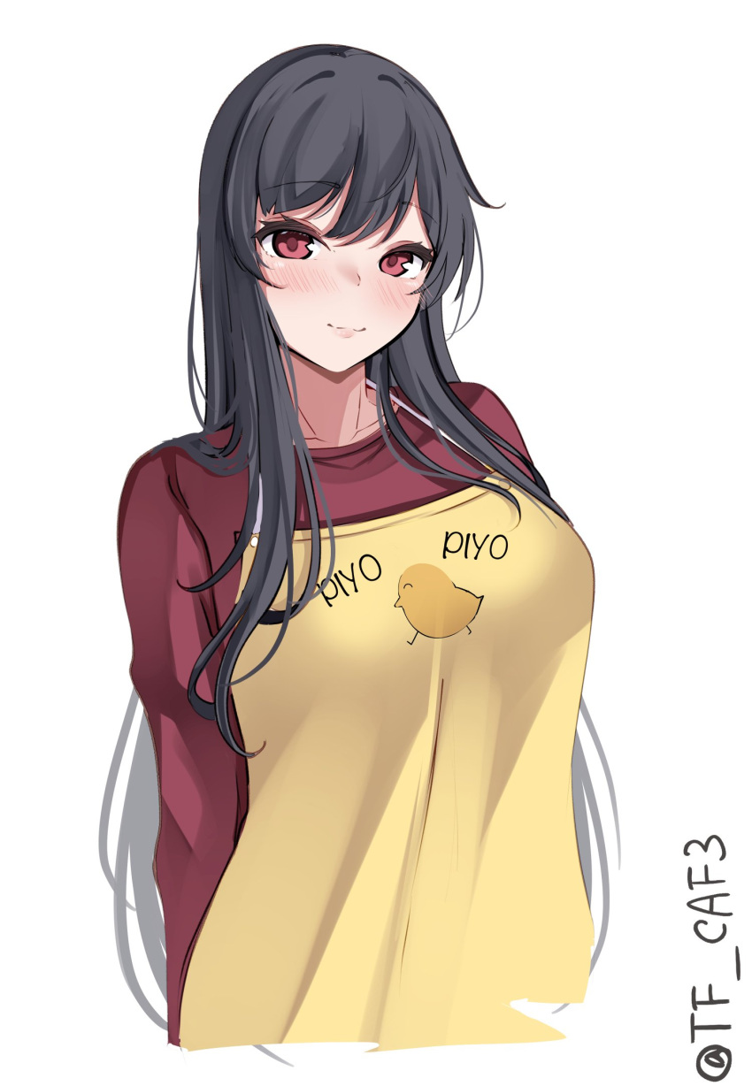 1girl apron arms_behind_back black_hair blush breasts fusou_(kancolle) hair_between_eyes highres kantai_collection large_breasts lips long_hair long_sleeves piyo_piyo_apron red_eyes red_shirt shirt simple_background smile solo tf_cafe twitter_username white_background