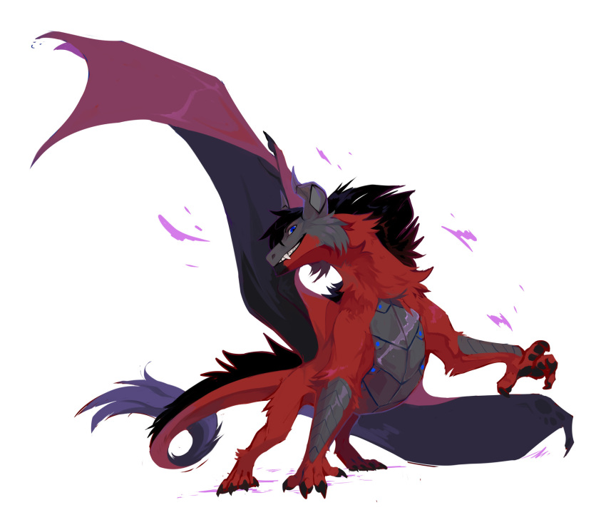 ambiguous_gender black_mane black_markings blue_eyes cheek_tuft corzh77 dragon facial_tuft fangs feral fur grey_body grey_markings grey_scales grin hi_res looking_at_viewer mane markings membrane_(anatomy) membranous_wings neck_tuft purple_wings red_body red_fur scales simple_background smile solo tail tail_tuft teeth tuft white_background wings