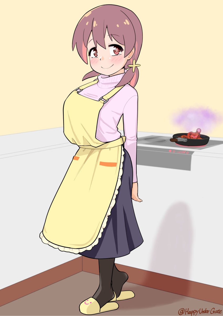 1girl absurdres apron artist_name bad_food black_pantyhose black_skirt brown_eyes brown_hair colored_inner_hair commentary frying_pan full_body hair_between_eyes happyundergate highres indoors light_blush long_hair long_sleeves looking_at_viewer low_twintails multicolored_hair murosaki_miyo onii-chan_wa_oshimai! pantyhose pink_shirt red_hair shirt skirt slippers smile smoke solo standing stove turtleneck twintails twitter_username two-tone_hair yellow_apron