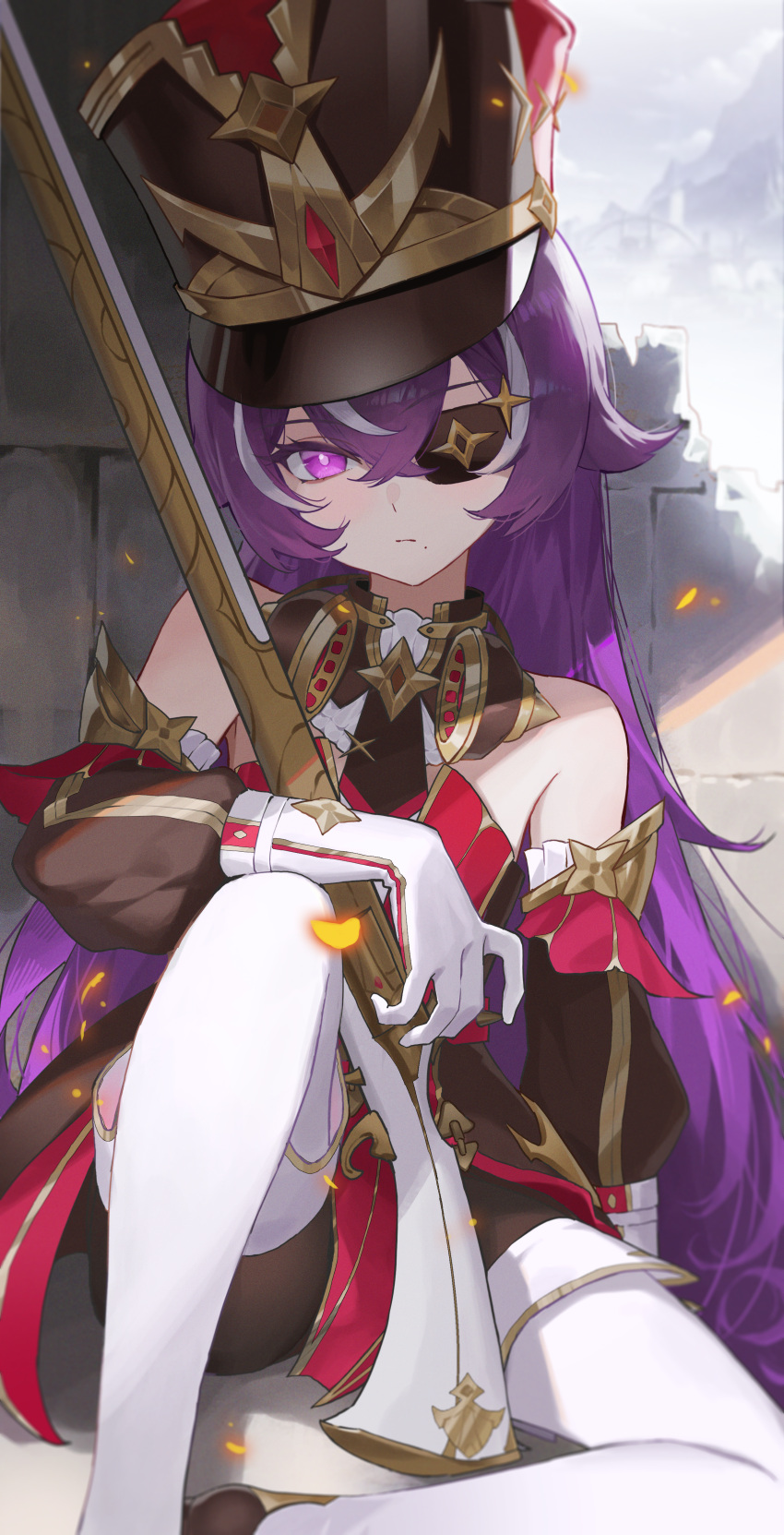 1girl absurdres bare_shoulders boots chevreuse_(genshin_impact) detached_sleeves earmuffs earmuffs_around_neck eyepatch genshin_impact gloves gmirror1 gun hat highres holding long_hair looking_at_viewer mole mole_under_mouth multicolored_hair musket puffy_detached_sleeves puffy_sleeves purple_eyes purple_hair shako_cap solo streaked_hair thigh_boots two-tone_hair very_long_hair weapon white_footwear white_gloves white_hair