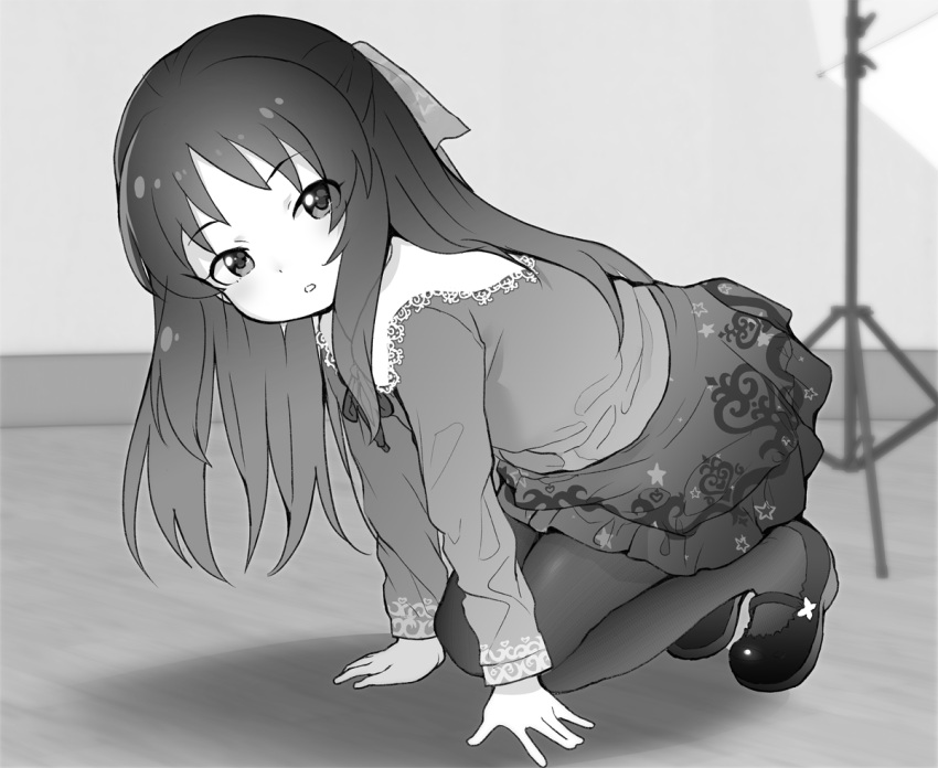 1girl :o all_fours greyscale half_updo idolmaster idolmaster_cinderella_girls indoors lace-trimmed_collar lace_trim long_hair long_sleeves looking_at_viewer looking_to_the_side mary_janes monochrome neck_ribbon ookamiuo pantyhose patterned_clothing ribbon shoes solo tachibana_arisu