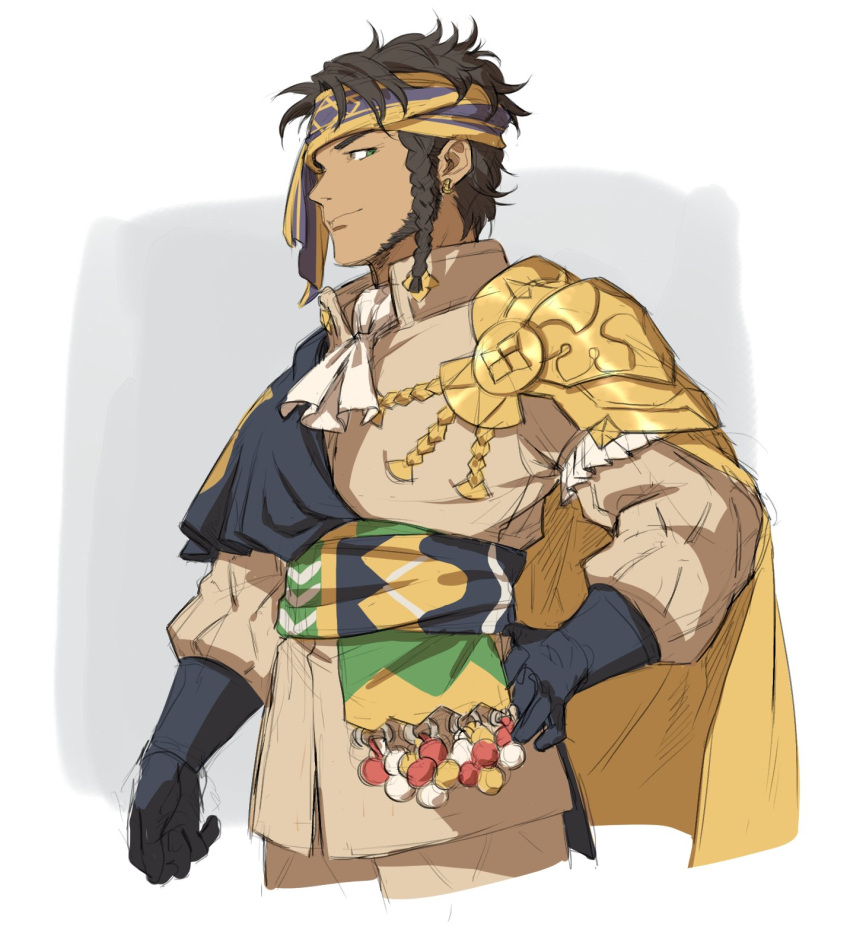 armor black_gloves brown_hair cape claude_von_riegan earrings facial_hair fire_emblem fire_emblem:_three_houses gloves green_eyes headband highres jewelry looking_to_the_side maiqo male_focus shoulder_armor simple_background single_earring sketch solo solo_focus yellow_cape