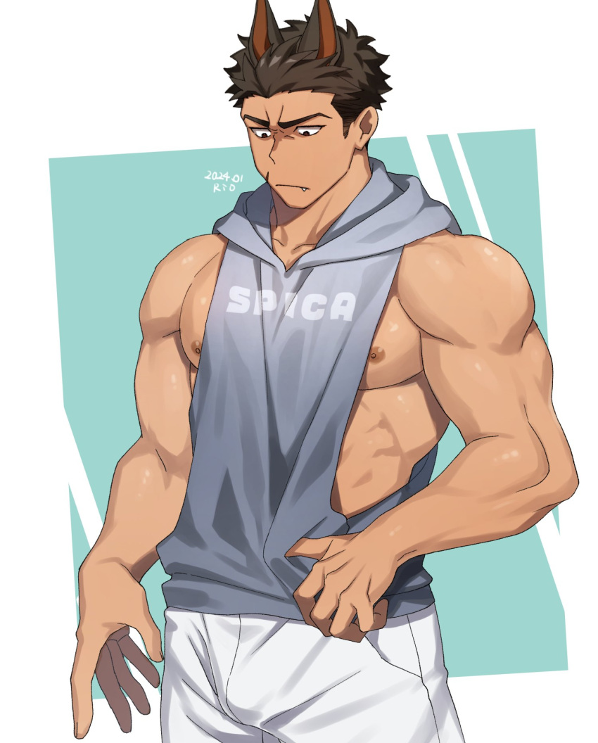 1boy animal_ears bara biceps fang highres large_hands looking_down male_focus muscular muscular_male nipple_slip nipples original pectoral_cleavage pectorals rio_mukiniki scar scar_on_cheek scar_on_face short_hair shorts sidepec simple_background white_shorts