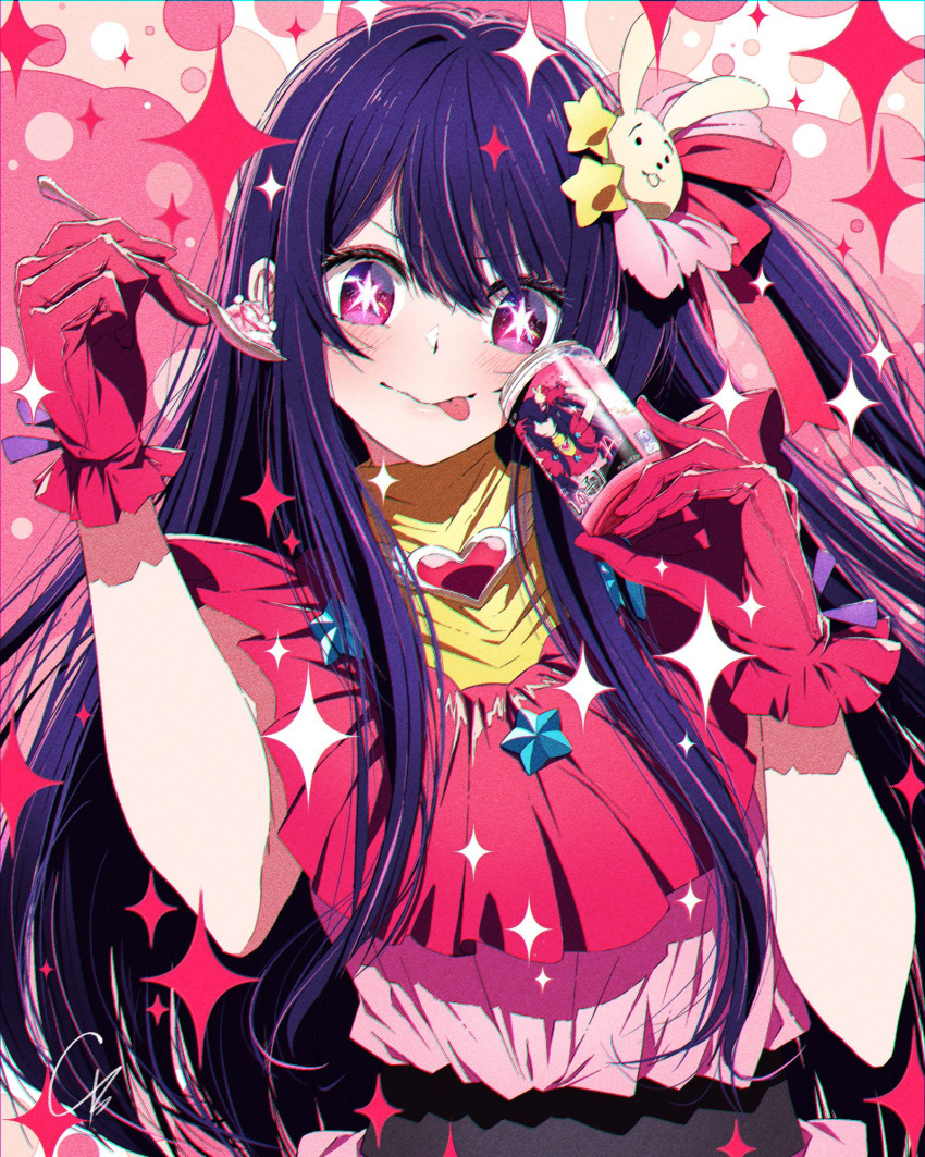 1girl 4b-enpitsu blush brooch cake can chromatic_aberration closed_mouth commentary dress film_grain food frilled_gloves frills gloves hair_ornament hair_ribbon heart heart_brooch highres holding holding_can holding_spoon hoshino_ai_(oshi_no_ko) idol idol_clothes jewelry long_hair looking_at_viewer merchandise one_side_up oshi_no_ko pink_dress purple_eyes purple_gloves purple_hair purple_ribbon rabbit_hair_ornament ribbon sidelocks signature solo spoon star-shaped_pupils star_(symbol) star_hair_ornament symbol-shaped_pupils tongue tongue_out turtleneck_dress upper_body