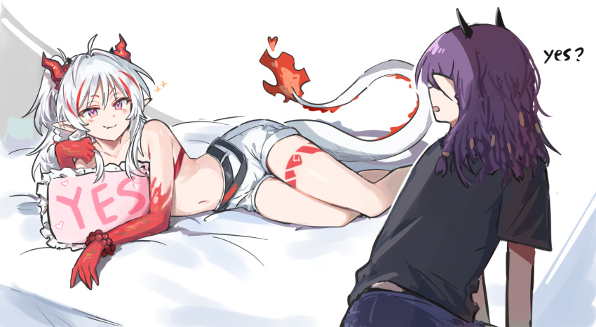 2girls ahoge arknights arm_tattoo bandeau bead_bracelet beads black_shirt bracelet braid colored_skin commentary_request demon_horns dragon_girl dragon_horns dragon_tail fang fang_out flame-tipped_tail highres horns jewelry lava_(arknights) lava_the_purgatory_(arknights) leg_tattoo long_hair looking_at_viewer lying mabing medium_hair multicolored_hair multiple_girls navel nian_(arknights) official_alternate_costume on_side ponytail purple_eyes purple_hair red_bandeau red_skin shirt shorts skin_fang stomach streaked_hair tail tattoo white_hair white_shorts yes yes-no_pillow