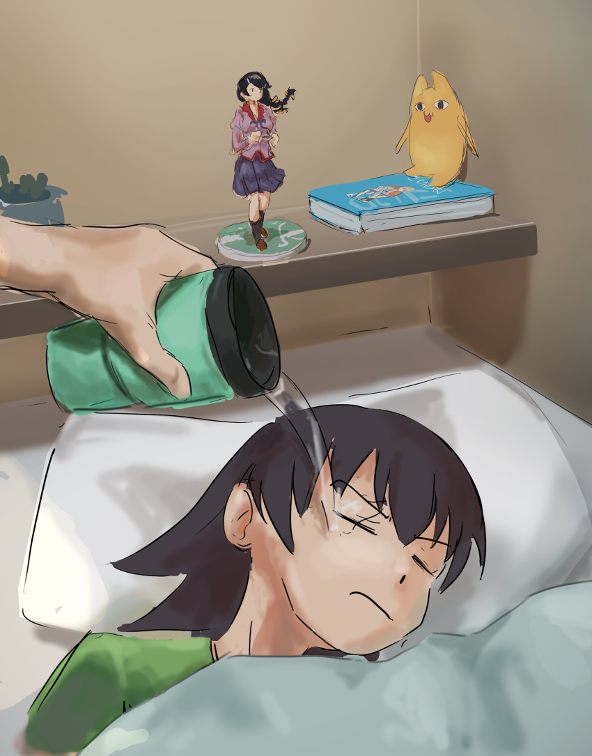 2girls absurdres azumanga_daioh bed blanket cup figure highres liamickpie mihama_chiyo's_father monogatari_(series) multiple_girls on_bed pillow plant potted_plant sleeping solo_focus takino_tomo water