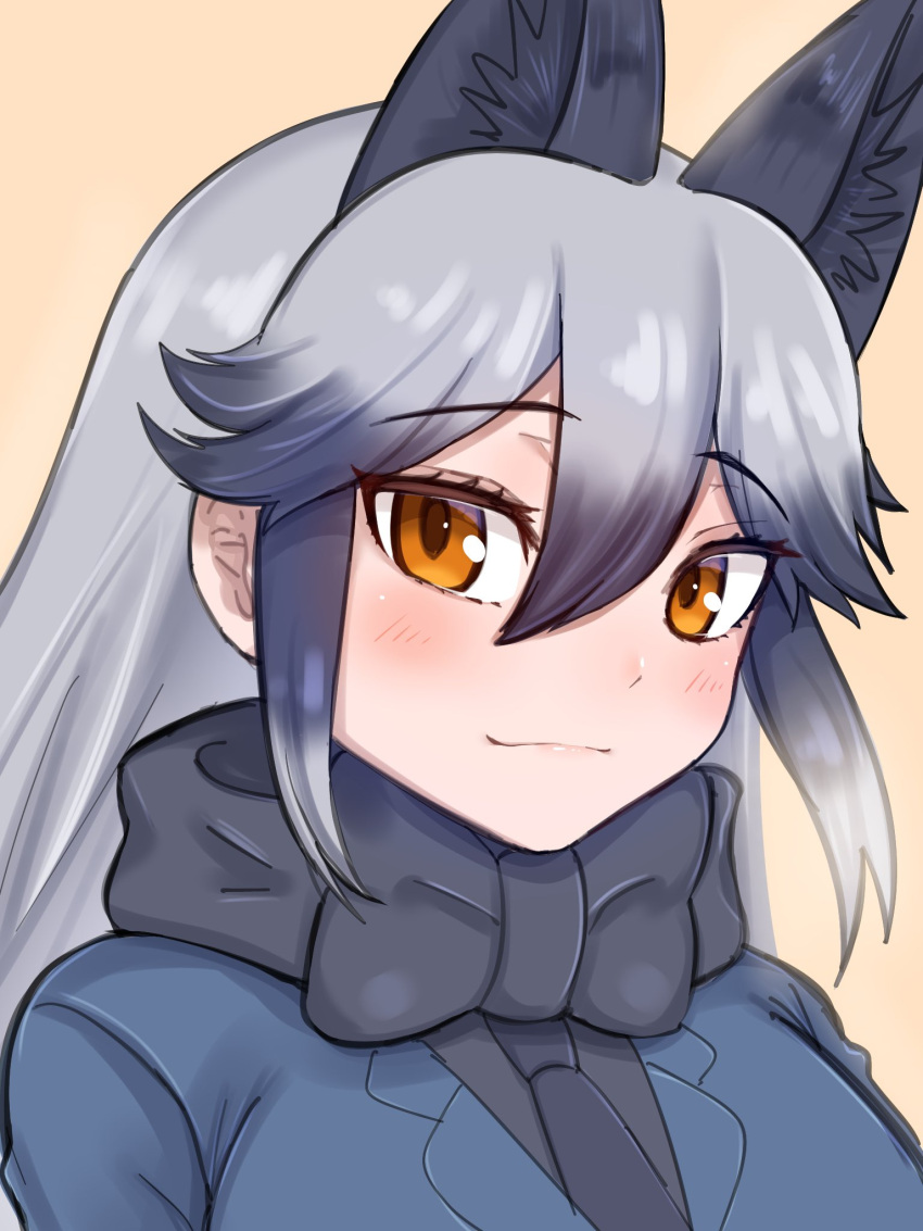 1girl animal_ears aramaru black_bow black_bowtie black_hair blush bow bowtie extra_ears fox_ears fur_trim grey_hair hair_between_eyes highres jacket kemono_friends long_hair looking_at_viewer multicolored_hair orange_eyes silver_fox_(kemono_friends) slight_smile