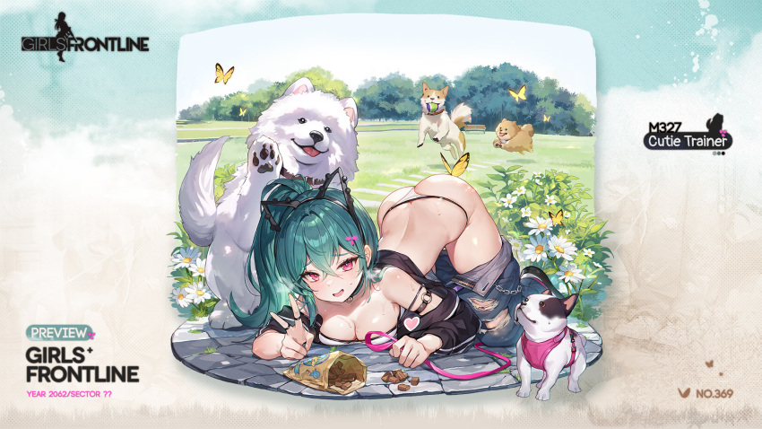 1girl all_fours animal_ear_hairband animal_ears animal_hands aqua_hair ass bag ball bare_shoulders belt bench black_choker black_jacket blush breasts brown_dog bug butterfly butterfly_on_ass chain character_name choker cleavage clothes_pull collarbone commentary copyright_name crossed_bangs day denim dog dog_ears dog_request english_commentary fake_animal_ears flower foliage forced_smile full_body girls'_frontline grass hair_between_eyes hair_ornament hairband hairclip heart heavy_breathing highres holding holding_leash jacket jeans jumping leash long_hair looking_at_viewer m327_(cutie_trainer)_(girls'_frontline) m327_(girls'_frontline) medium_breasts o-ring_arm_strap off_shoulder official_alternate_costume official_art open_clothes open_jacket open_mouth outdoors panties pants pants_pull park path pet_food ponytail purple_belt red_eyes second-party_source shoes sneakers solo stone_floor strapless striped_clothes striped_jacket sweat tennis_ball tongue tongue_out torn_clothes torn_jeans torn_pants tree tube_top underwear v vertical-striped_clothes vertical-striped_jacket waving white_dog white_flower white_footwear white_panties white_tube_top whoisshe yellow_butterfly