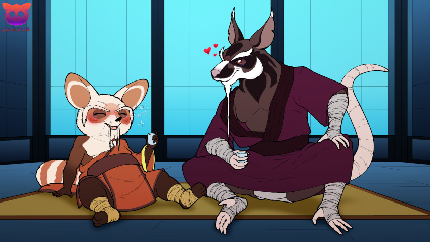 &lt;3 16:9 2024 ailurid anthro asian_clothing beard blush brown_body clothing detailed_background doritomon dreamworks drunk duo east_asian_clothing eyes_closed facial_hair fundoshi hi_res japanese_clothing kung_fu_panda male male/male mammal master_shifu master_splinter mature_male murid murine rat red_panda rodent sitting substance_intoxication teenage_mutant_ninja_turtles teenage_mutant_ninja_turtles_(2012) underwear white_clothing white_fundoshi white_underwear widescreen