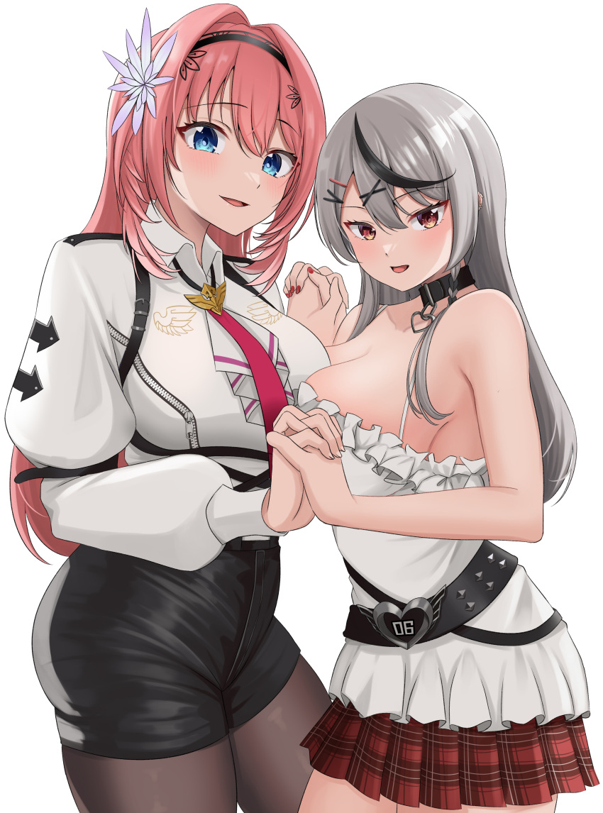 2girls 9696k absurdres black_collar black_hairband black_shorts blue_eyes breast_zipper breasts camisole collar collared_shirt frilled_camisole frills grey_hair hair_between_eyes hair_ornament hairband hairpin heart_collar high-waist_shorts highres hololive large_breasts leather_shorts long_hair long_sleeves multicolored_hair multiple_girls nail_polish necktie pantyhose pantyhose_under_shorts pink_hair pink_necktie puffy_long_sleeves puffy_sleeves red_nails red_necktie sakamata_chloe sakamata_chloe_(1st_costume) shirt shorts streaked_hair takane_lui takane_lui_(1st_costume) taut_clothes virtual_youtuber white_camisole white_shirt x_hair_ornament