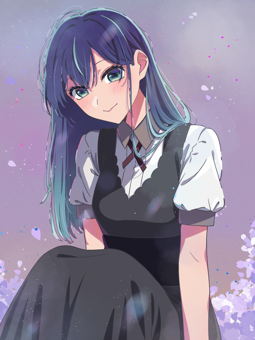 1girl black_dress blue_eyes blue_hair blush breasts closed_mouth collared_shirt commentary dress dress_shirt english_commentary falling_petals gradient_hair hair_behind_ear hair_between_eyes highres knees_up kurokawa_akane light_particles long_hair looking_at_viewer multicolored_hair nara_(menosora) neck_ribbon oshi_no_ko petals pinafore_dress red_ribbon ribbon shadow shirt short_sleeves sitting sleeveless sleeveless_dress small_breasts solo white_shirt