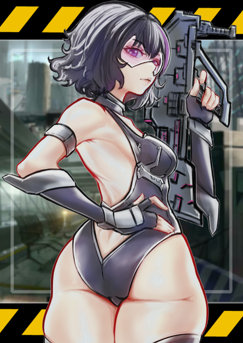 1girl absurdres ai_shou ass black_hair breasts commission detached_sleeves girls'_frontline gun hand_on_own_hip head-mounted_display highres holding holding_gun holding_weapon leotard looking_back medium_breasts multicolored_hair purple_eyes purple_hair purple_leotard ripper_(girls'_frontline) sangvis_ferri second-party_source solo streaked_hair thighhighs weapon