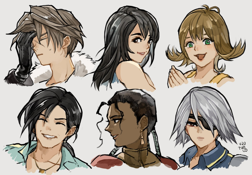 3boys 3girls artist_name black_gloves black_hair black_jacket blue_shirt brown_eyes brown_hair closed_eyes collared_shirt curly_hair dangle_earrings dark-skinned_male dark_skin earrings eyepatch final_fantasy final_fantasy_viii fur-trimmed_jacket fur_trim fuujin_(ff8) gloves green_eyes grey_hair grin hair_between_eyes hand_on_own_face highres jacket jewelry kiros_seagill laguna_loire long_hair long_sleeves low_ponytail multiple_boys multiple_girls one_eye_covered open_mouth orange_overalls overalls own_hands_together parted_bangs parted_lips portrait red_shirt rinoa_heartilly scar scar_on_face scar_on_forehead selphie_tilmitt shirt short_hair smile squall_leonhart sweatdrop teeth uzutanco white_background white_fur