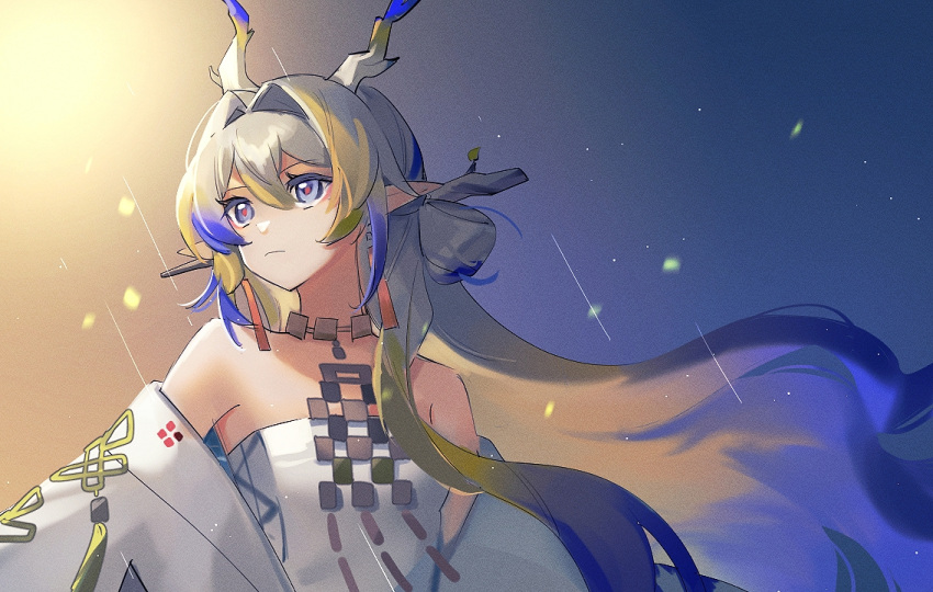 1girl arknights bare_shoulders blonde_hair blue_hair choker coat commentary_request dress grey_hair hair_intakes horns ignorabimus long_hair multicolored_hair off_shoulder open_clothes open_coat pointy_ears shu_(arknights) solo strapless strapless_dress streaked_hair upper_body very_long_hair white_coat white_dress